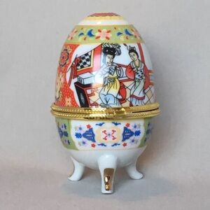 Japanese Geisha Design Hinged Egg Jewelry Trinket Box Hand Painted
